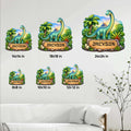 Dinosaur metal sign size guide showing available square sizes from 8x8 to 24x24 inches