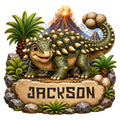 Cute armored ankylosaurus dinosaur metal sign with jungle plants, volcano scenery, eggs, and a stone-style design