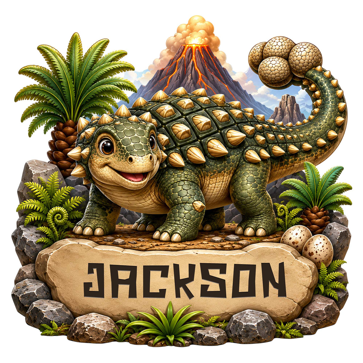 Cute armored ankylosaurus dinosaur metal sign with jungle plants, volcano scenery, eggs, and a stone-style design