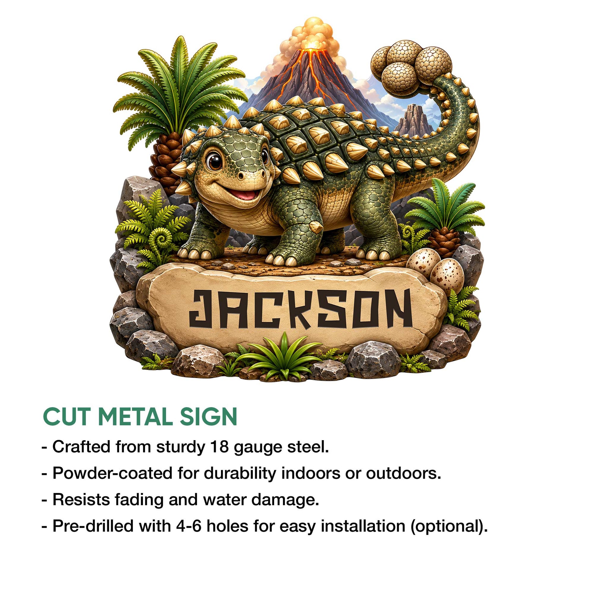Armored ankylosaurus dinosaur cut metal sign shown with product feature details and a stone-inspired display design