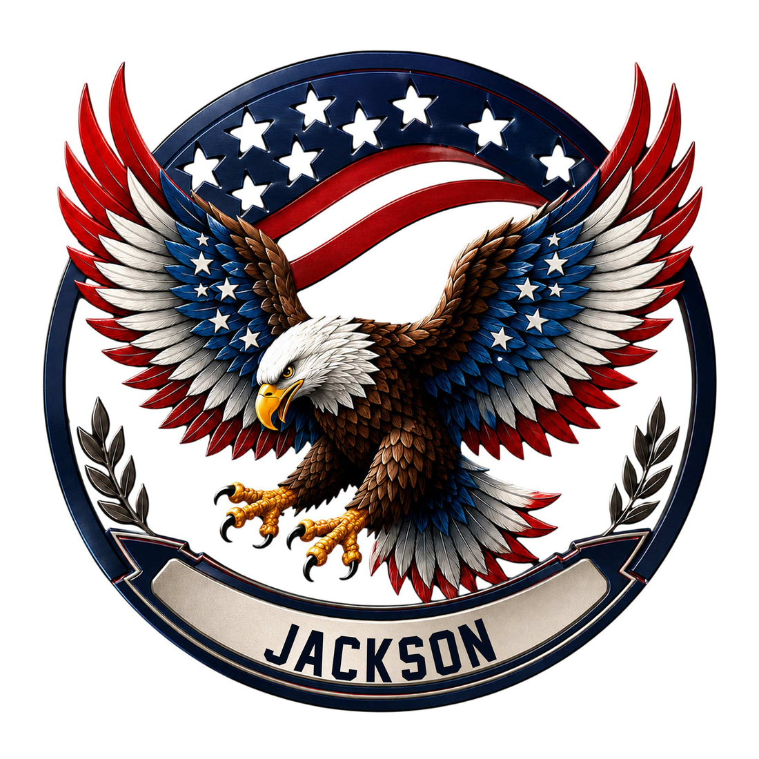 Close-up of a patriotic eagle metal sign with spread wings, stars, red stripes, and laurel accents