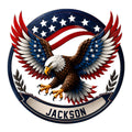 Close-up of a patriotic eagle metal sign with spread wings, stars, red stripes, and laurel accents