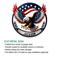 Patriotic bald eagle metal sign shown with a cut-metal design and indoor or outdoor display features