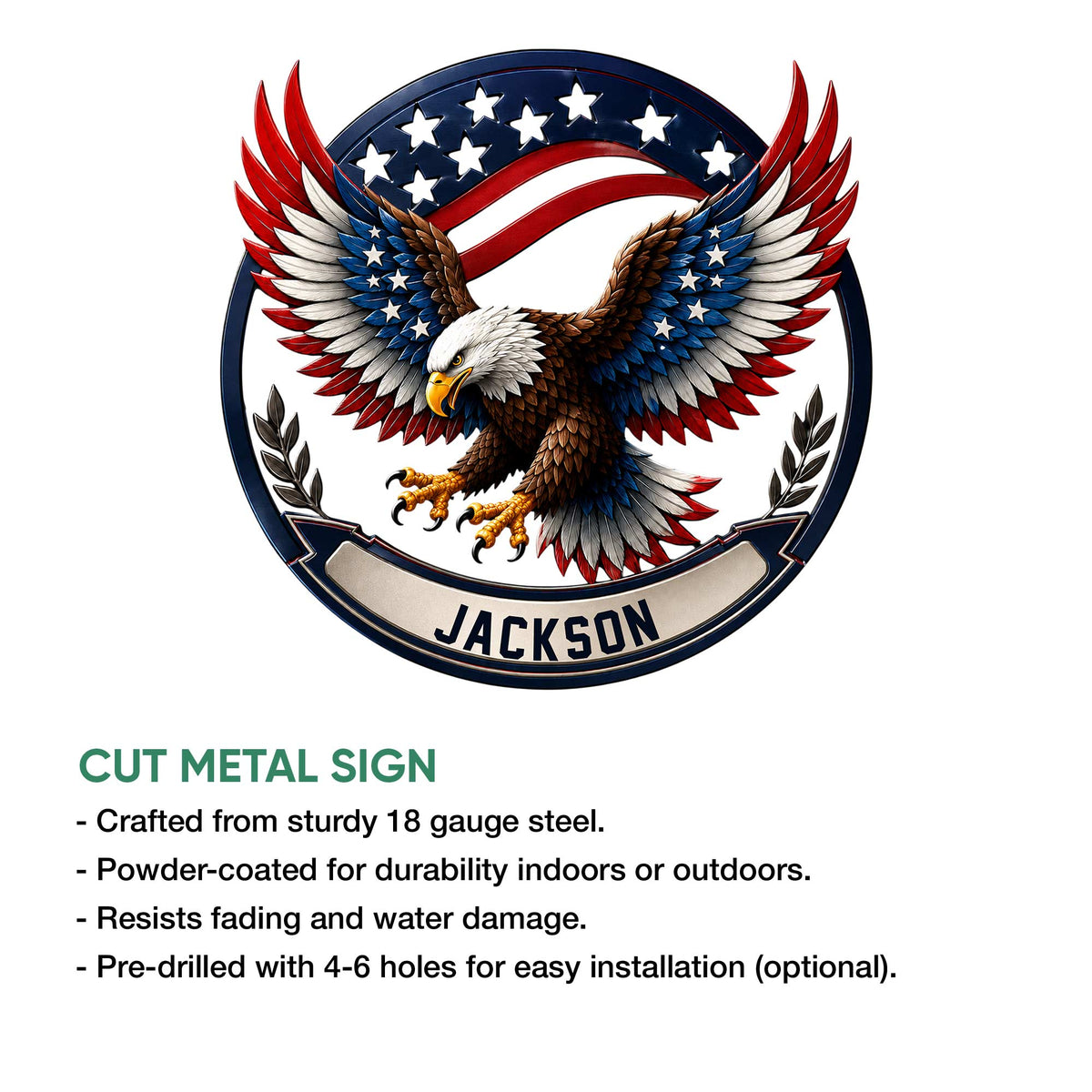 Patriotic bald eagle metal sign shown with a cut-metal design and indoor or outdoor display features