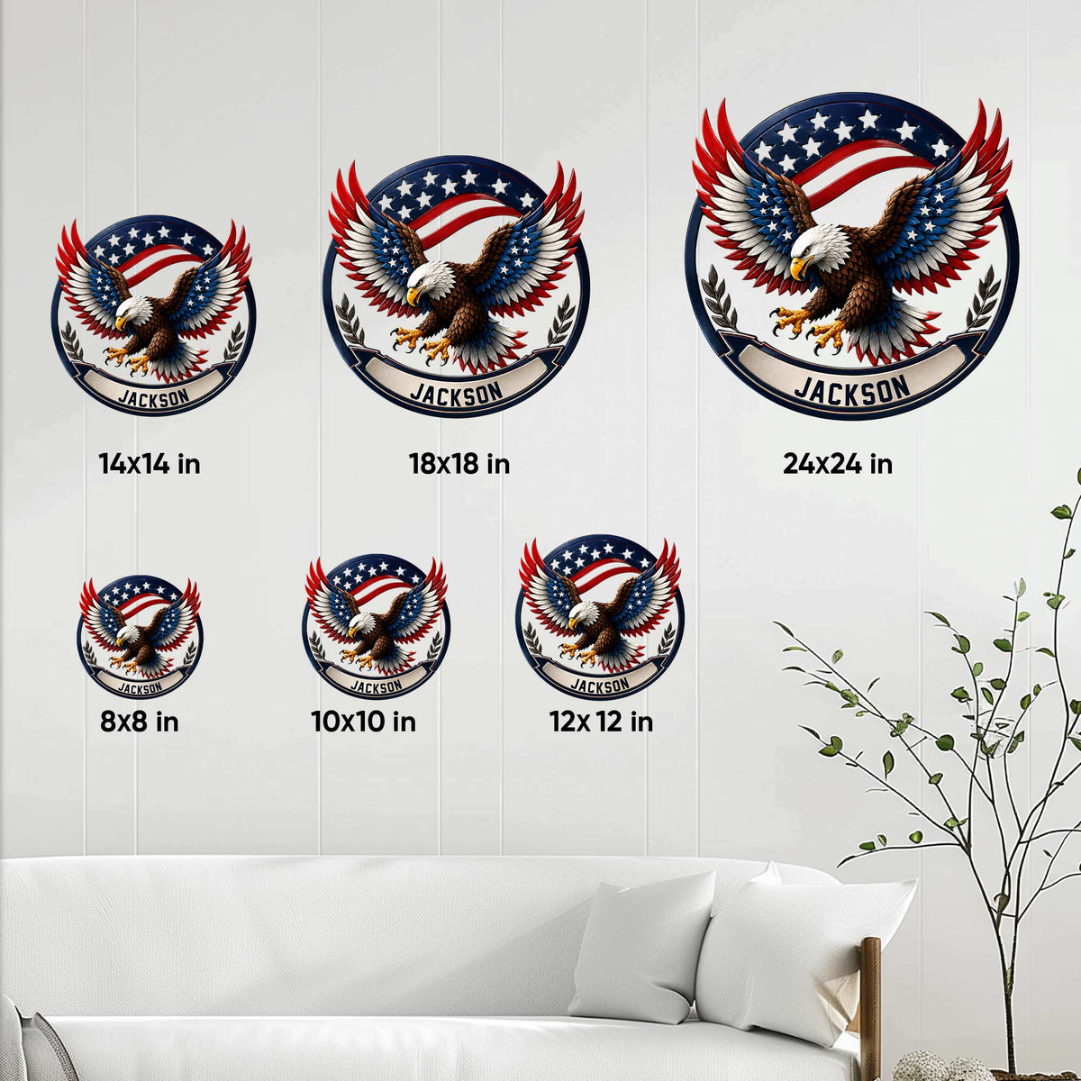 Patriotic eagle metal sign size guide showing 8, 10, 12, 14, 18, and 24 inch options