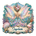 Custom fairy metal sign featuring a winged ocean fairy surrounded by seashells, coral, pearls, and curling waves