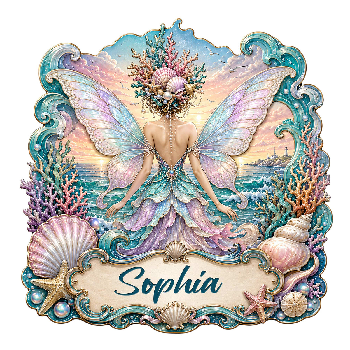Custom fairy metal sign featuring a winged ocean fairy surrounded by seashells, coral, pearls, and curling waves