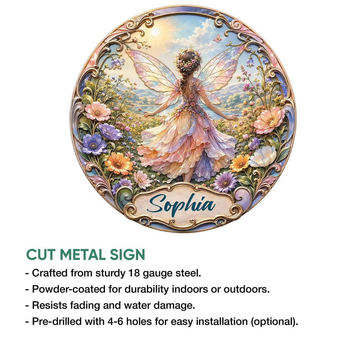 Fairy metal sign feature graphic showing the ornate winged fairy artwork and indoor or outdoor decor use