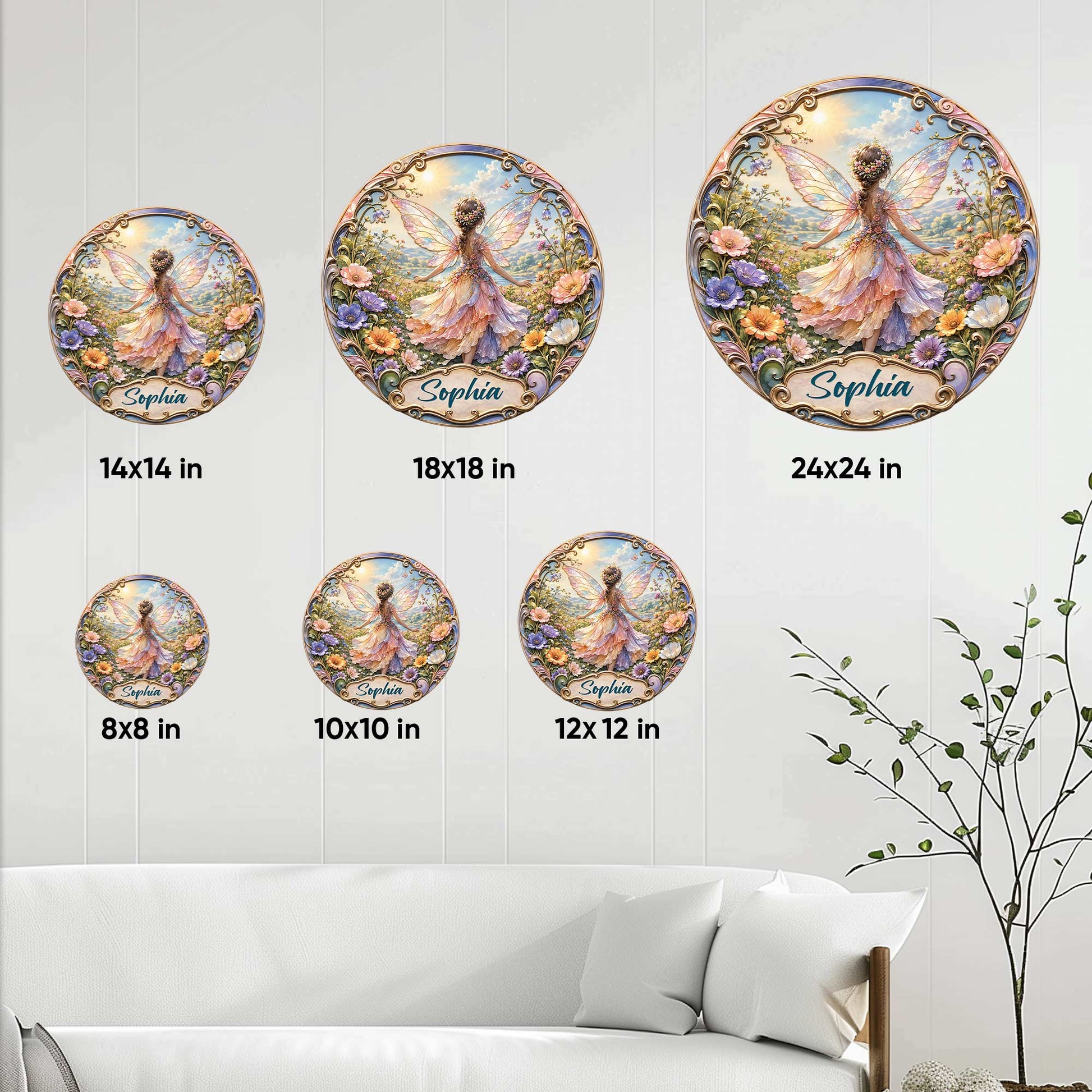Fairy metal sign size guide showing six round size options from 8 by 8 to 24 by 24 inches