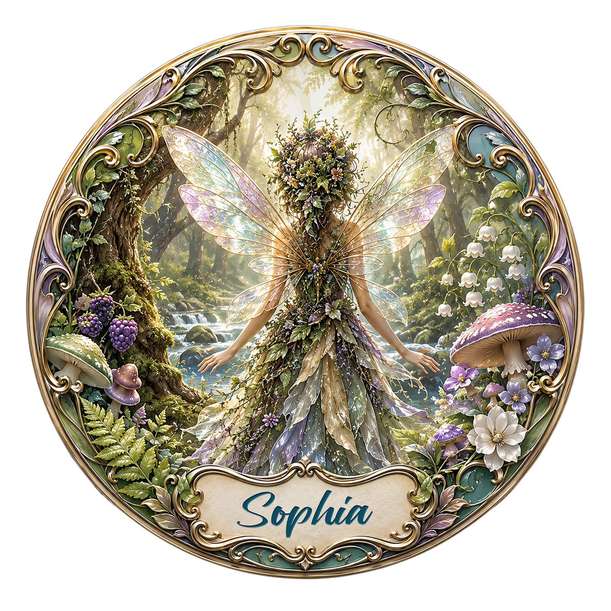 Ornate fairy metal sign featuring a winged forest fairy surrounded by flowers, mushrooms, and woodland scenery