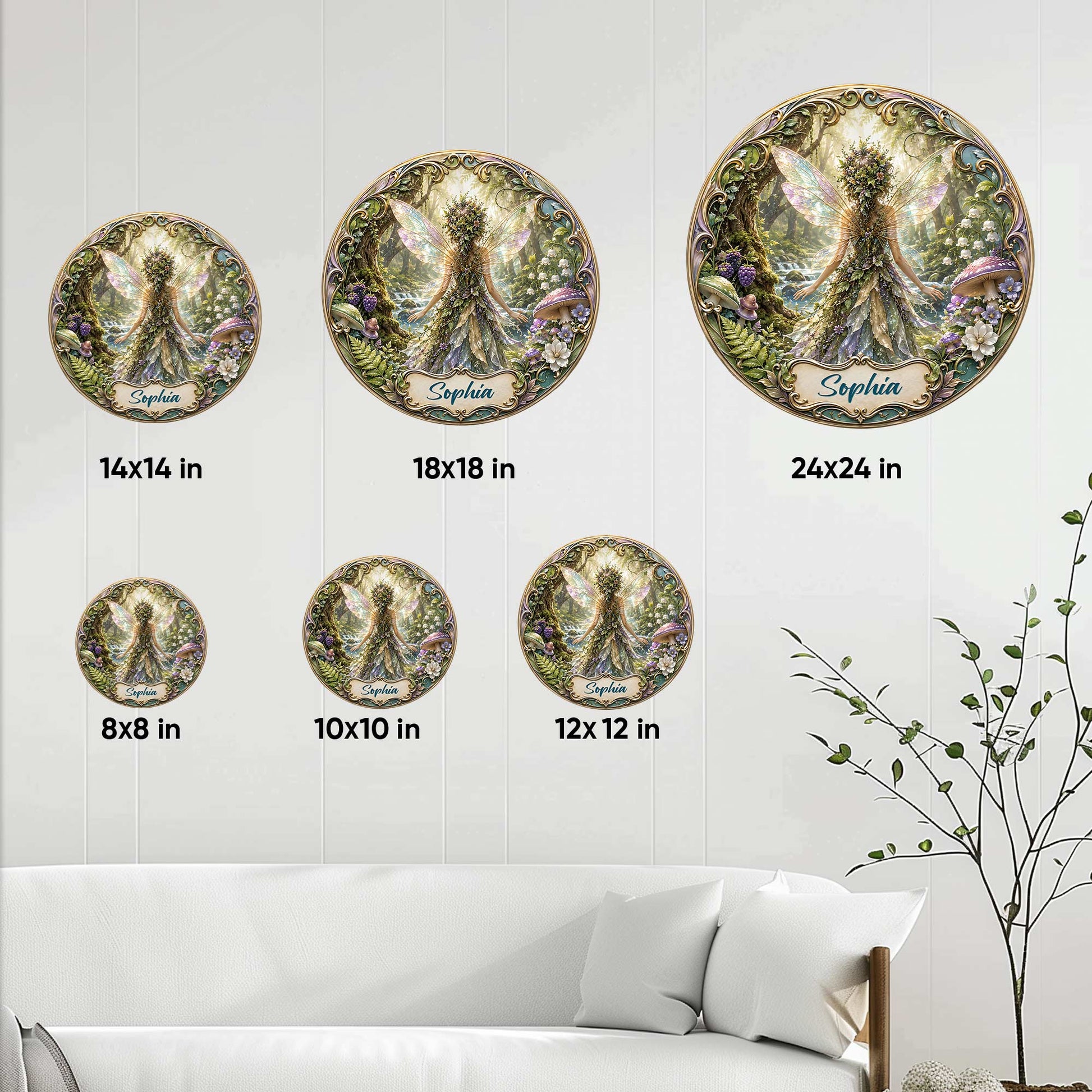 Fairy metal sign size guide showing round sign options from 8 by 8 inches to 24 by 24 inches