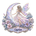 Custom fairy metal sign featuring a winged fairy on a crystal moon with flowers and clouds