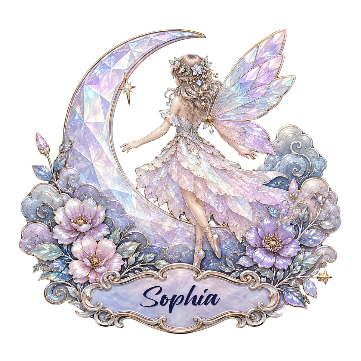 Custom fairy metal sign featuring a winged fairy on a crystal moon with flowers and clouds