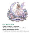 Fairy metal sign feature infographic showing the decorative cut-metal design and display options