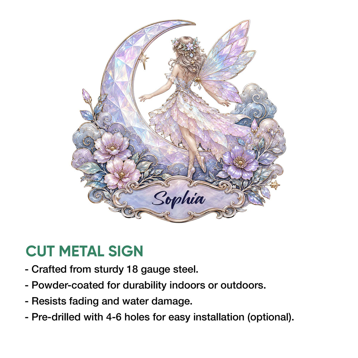 Fairy metal sign feature infographic showing the decorative cut-metal design and display options