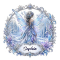 Winter fairy metal sign featuring a winged woman in a snowy forest with icy blue and lavender floral details