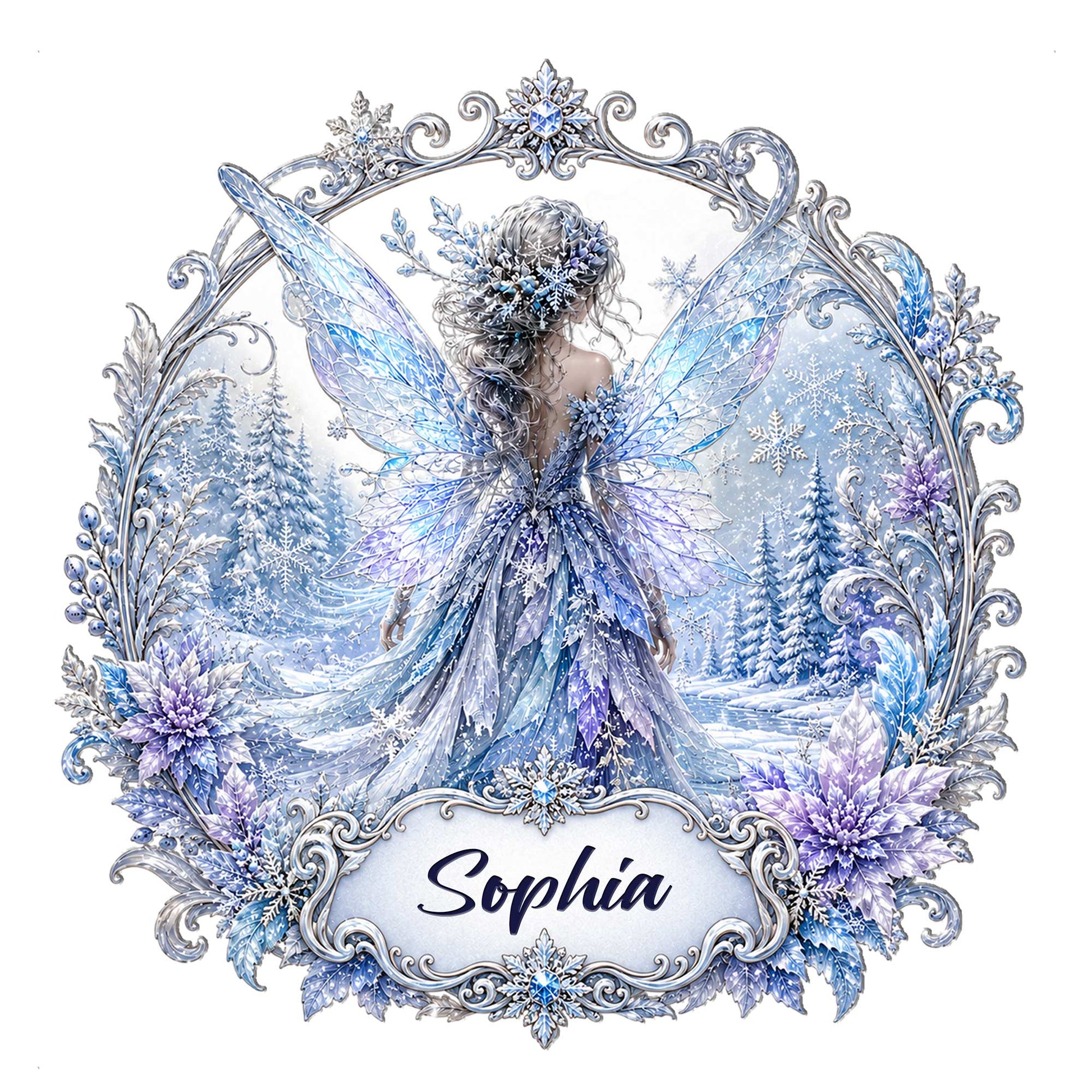 Winter fairy metal sign featuring a winged woman in a snowy forest with icy blue and lavender floral details