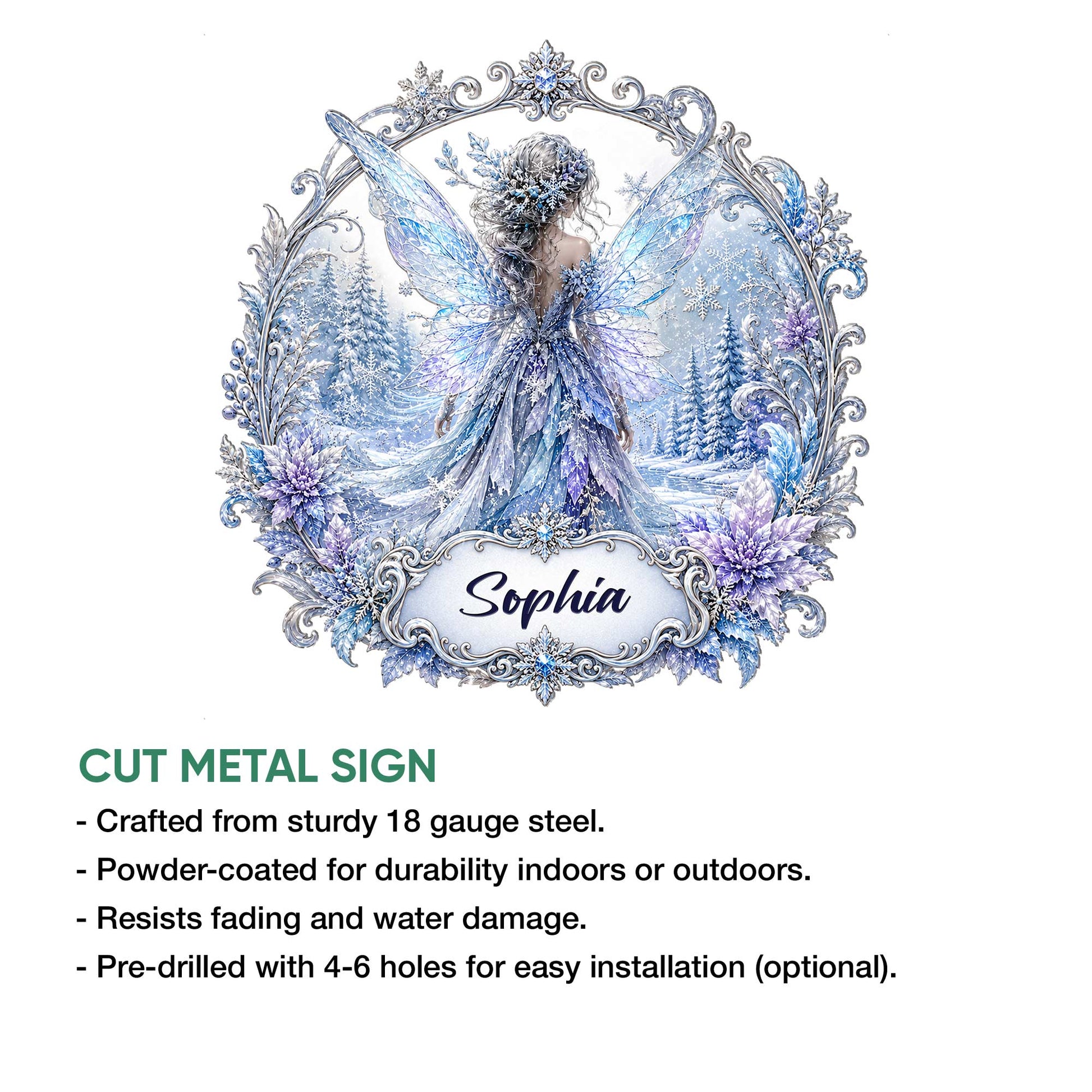 Winter fairy metal sign product graphic showing the ornate snowy forest artwork and listed sign features