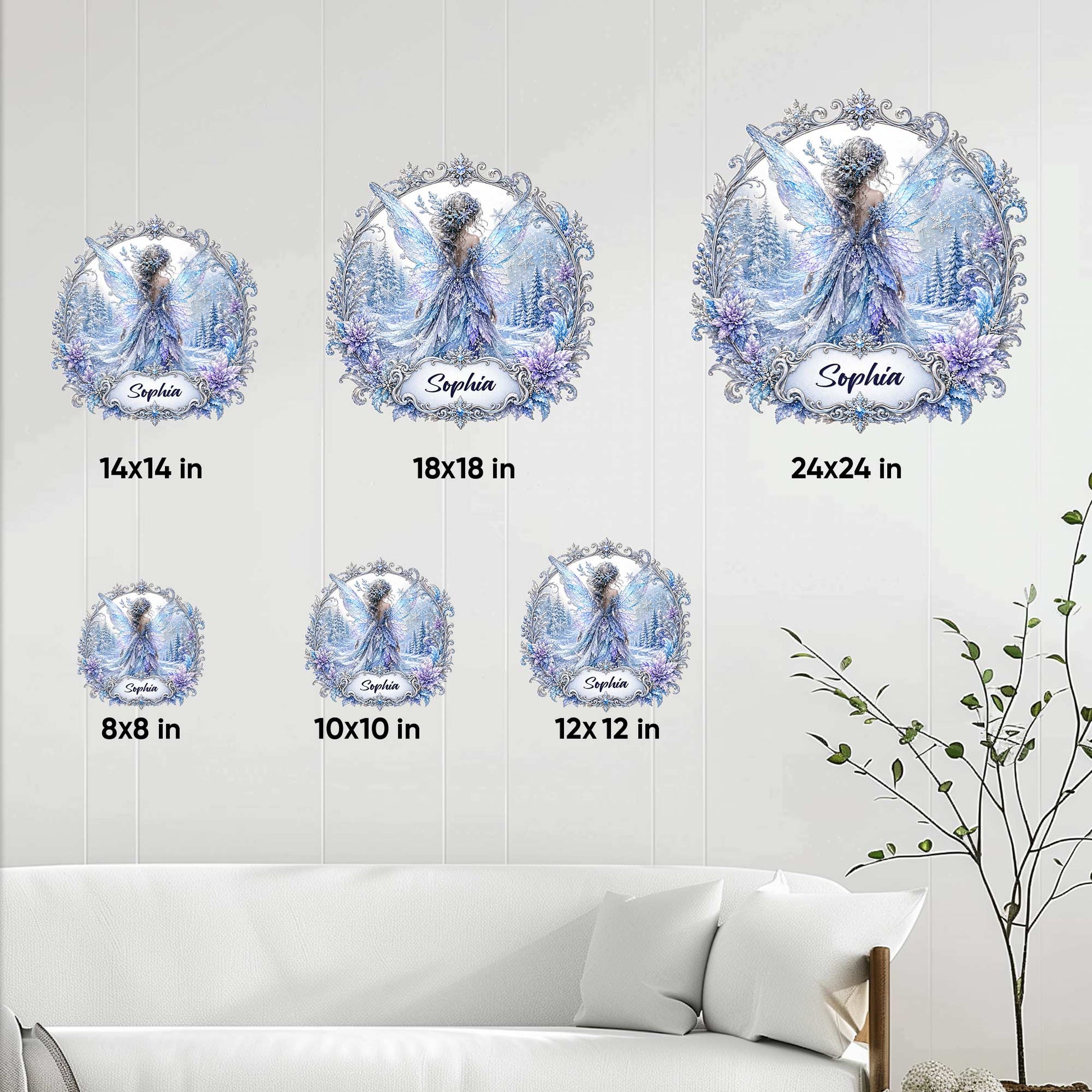 Winter fairy metal sign size guide showing available square sizes from 8x8 to 24x24 inches