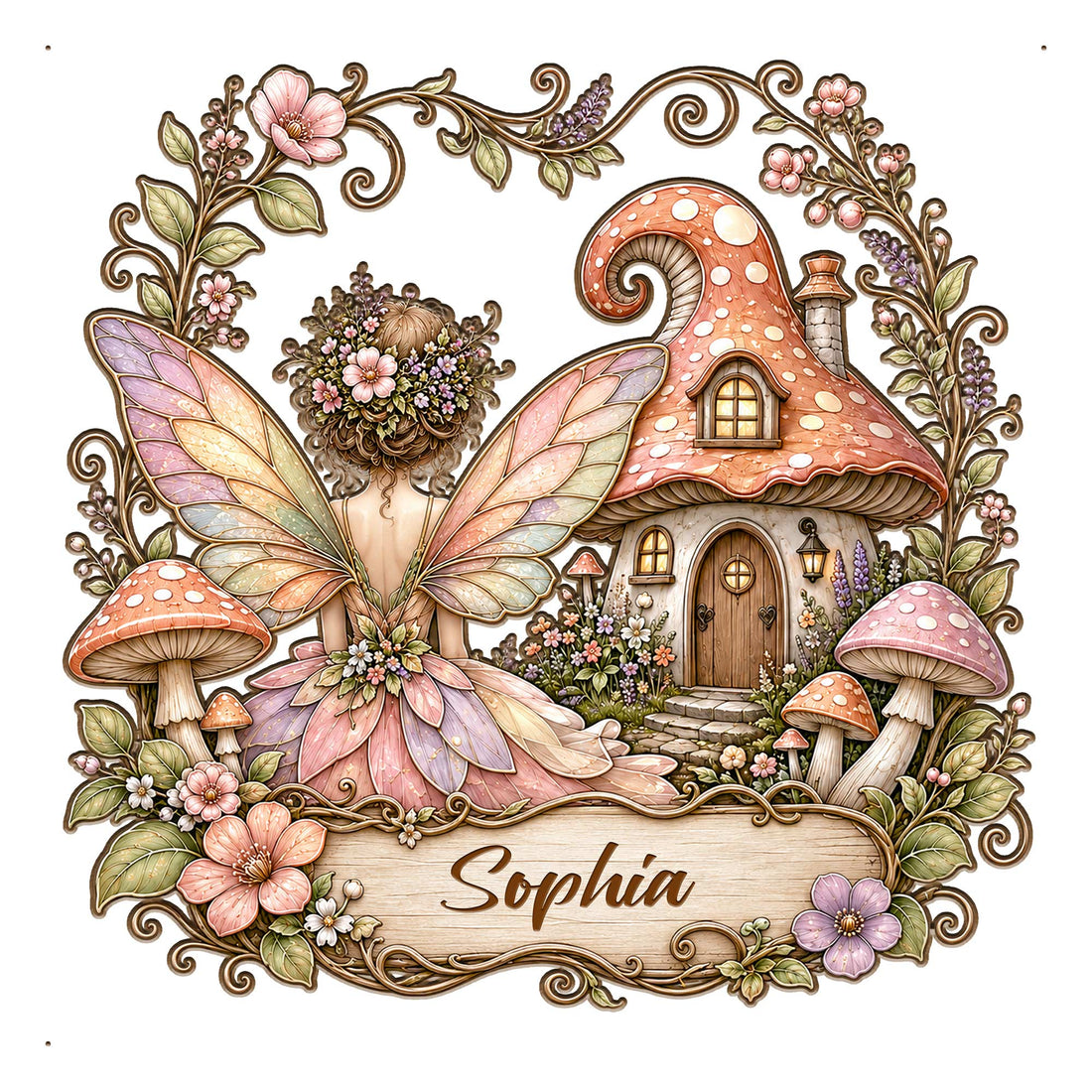 Custom fairy metal sign featuring a floral-winged fairy, mushroom cottage, flowers, and woodland vines