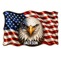 Patriotic bald eagle metal sign with a waving American flag design and bold custom display
