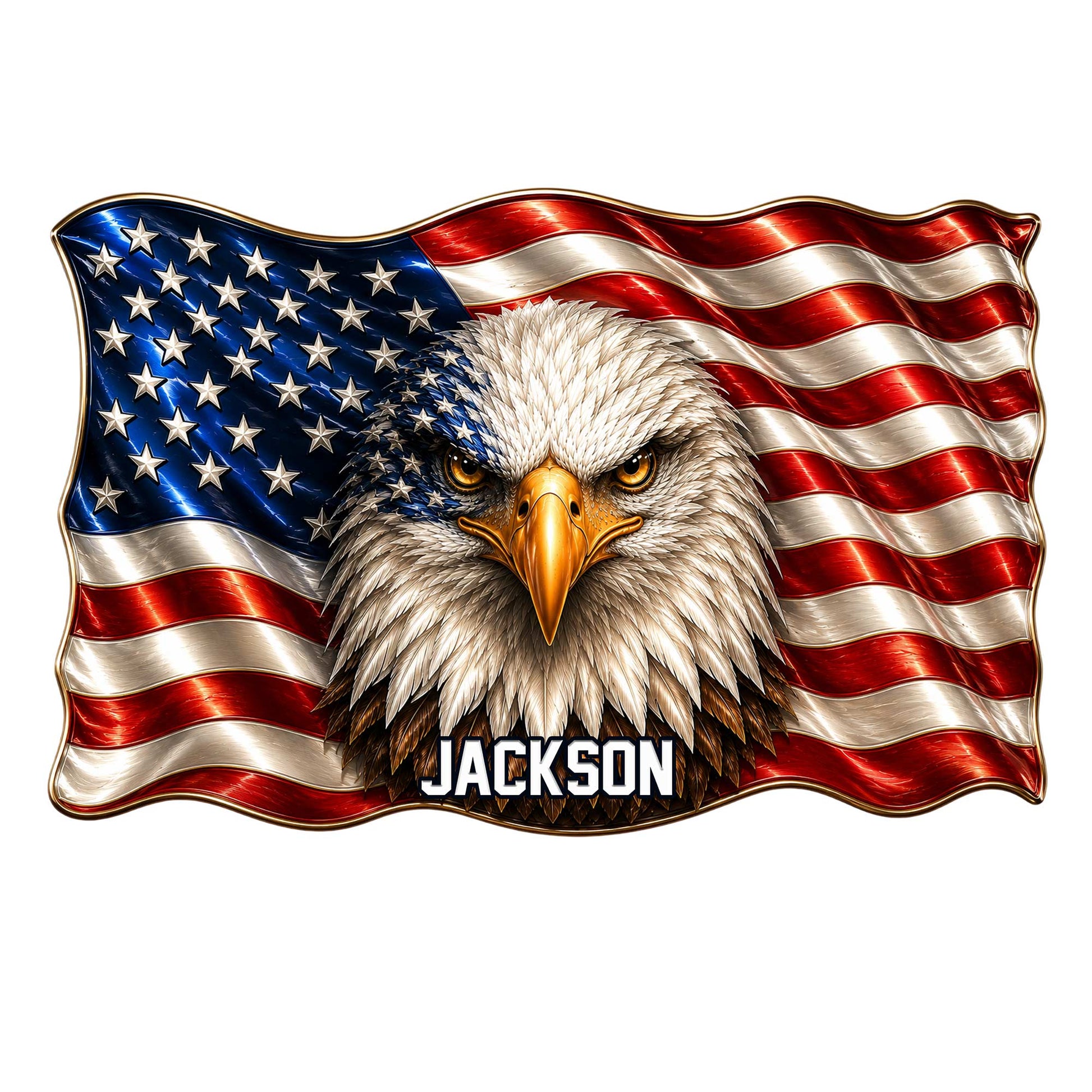Patriotic bald eagle metal sign with a waving American flag design and bold custom display