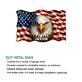 Bald eagle American flag metal sign shown with a cut-metal product feature infographic