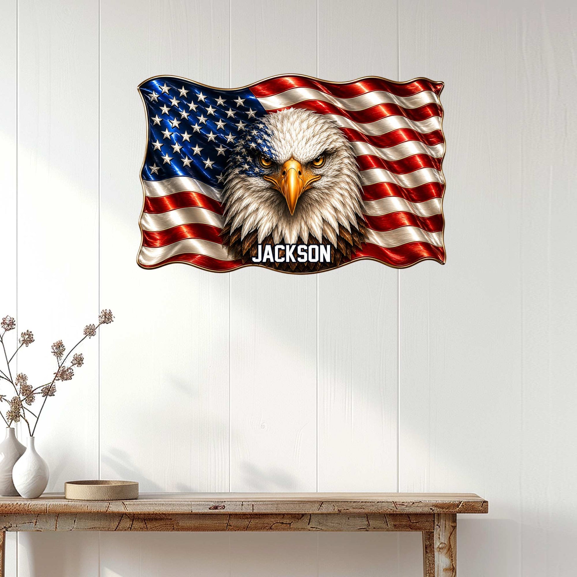 Patriotic eagle wall sign displayed above a console table in a bright home entryway