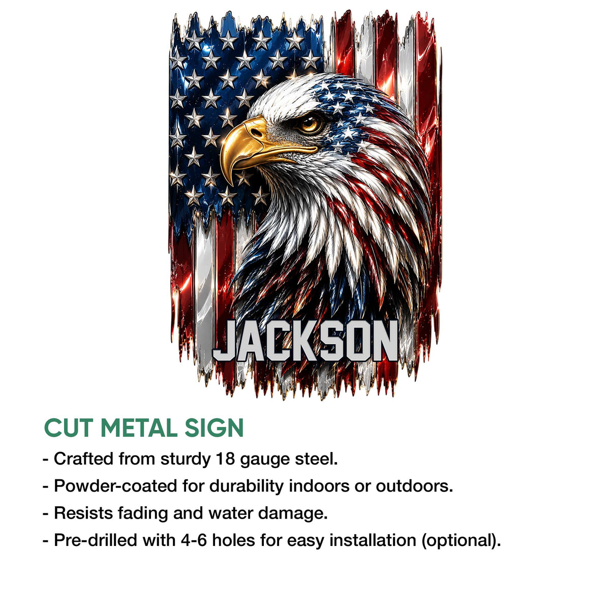 American eagle wall sign shown as a cut metal design with bold patriotic colors and a striking eagle portrait