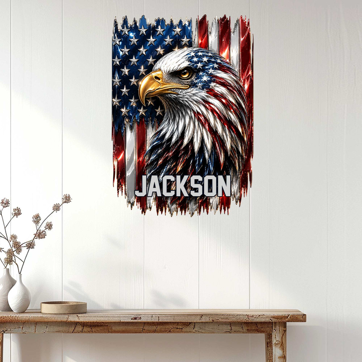 Patriotic bald eagle metal wall decor displayed on a light wood-paneled wall in a home setting
