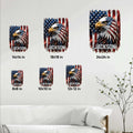 Patriotic eagle metal sign size guide showing 8x8, 10x10, 12x12, 14x14, 18x18, and 24x24 inch options