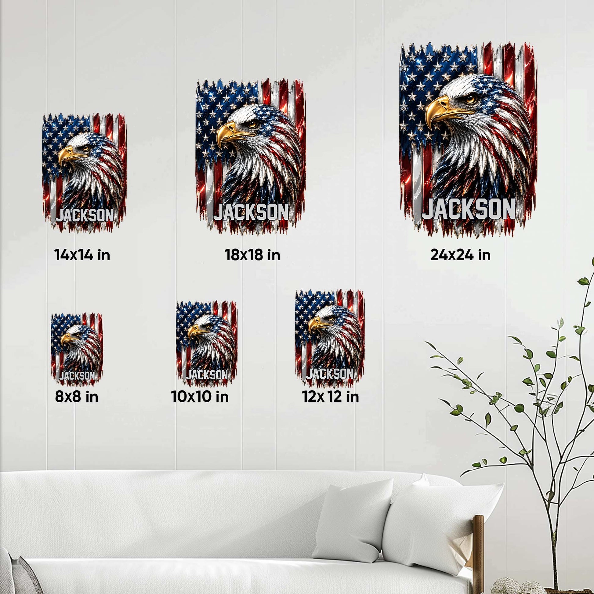 Patriotic eagle metal sign size guide showing 8x8, 10x10, 12x12, 14x14, 18x18, and 24x24 inch options