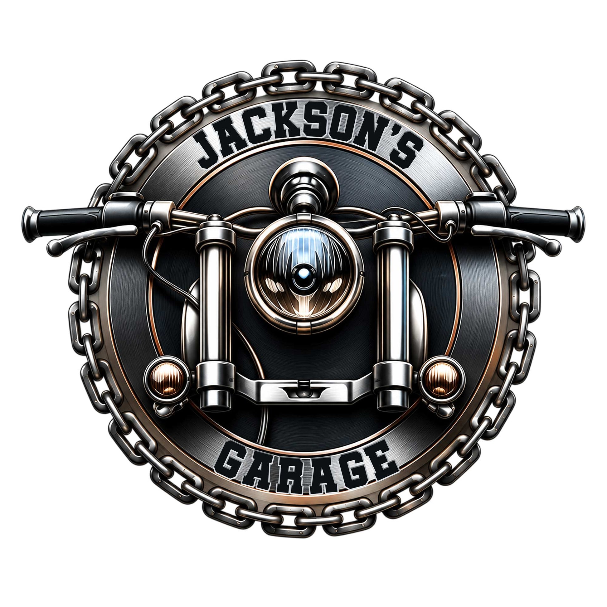 Custom motorcycle metal sign featuring a front-facing bike, chain border, and bold garage decor styling