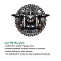 Motorcycle garage metal sign shown with a front-facing bike design and cut metal sign feature details