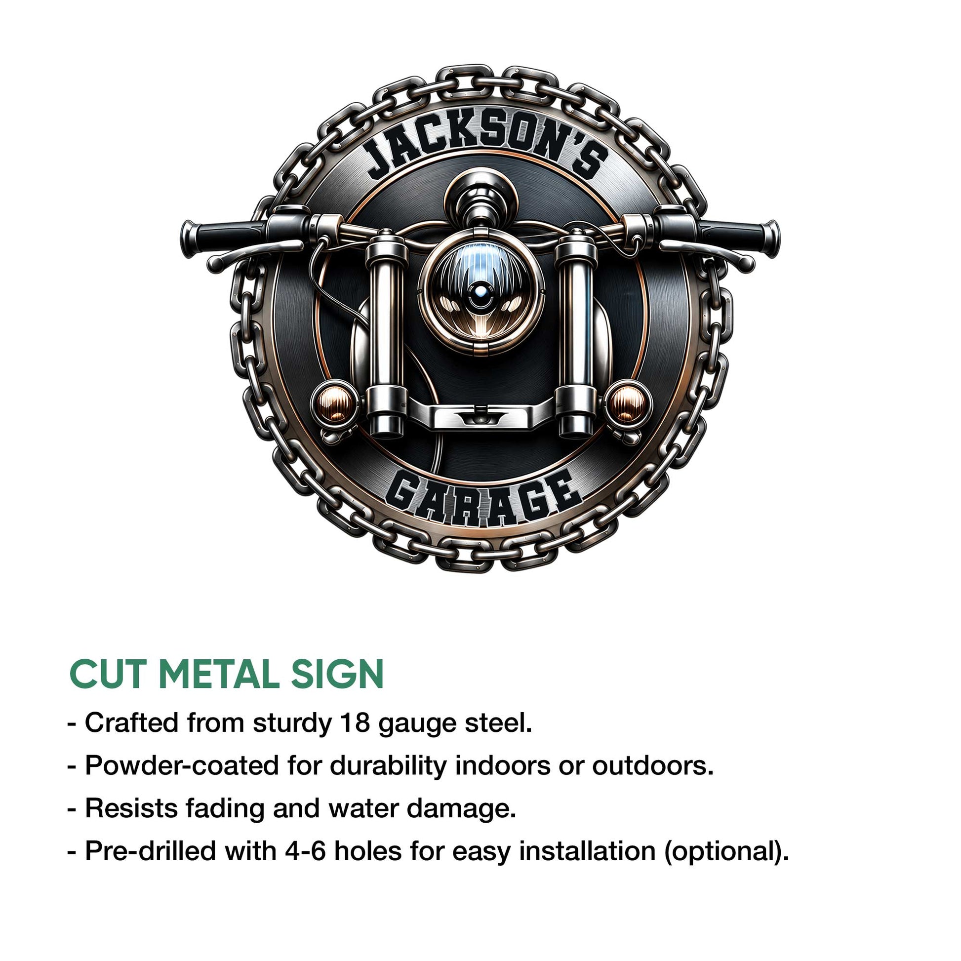 Motorcycle garage metal sign shown with a front-facing bike design and cut metal sign feature details