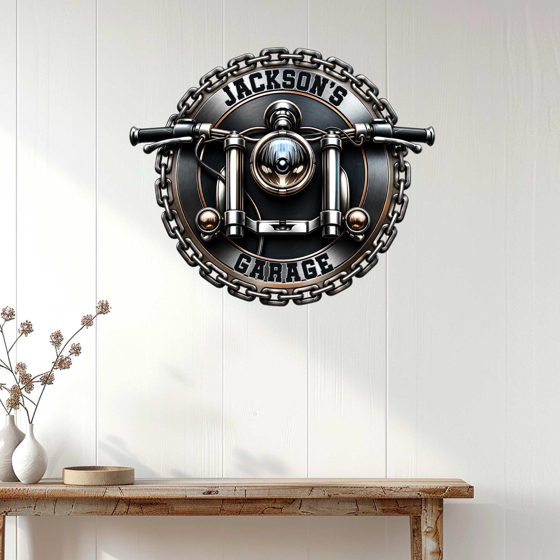 Motorcycle metal wall sign displayed above a console table in a bright home interior