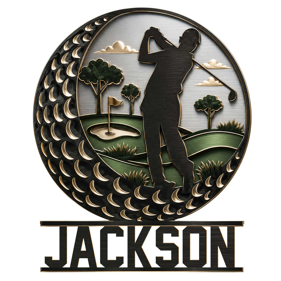 Detailed golfer silhouette metal sign showing a swing over a golf course with trees, flag, and decorative circular border