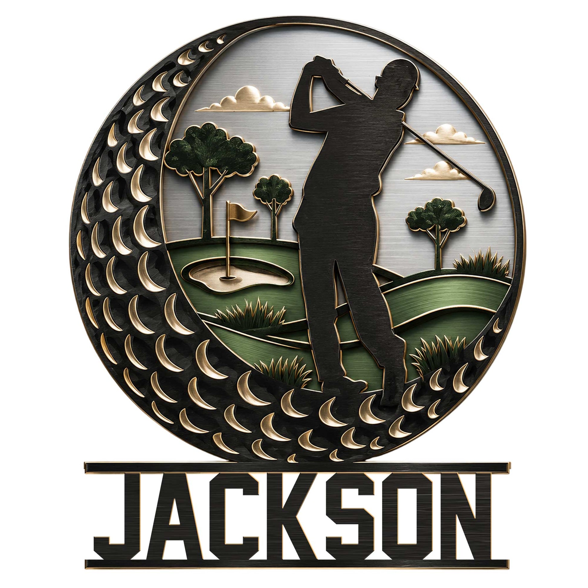 Detailed golfer silhouette metal sign showing a swing over a golf course with trees, flag, and decorative circular border