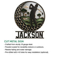 Golf metal sign feature graphic highlighting a golfer silhouette, course scene, and cut metal construction