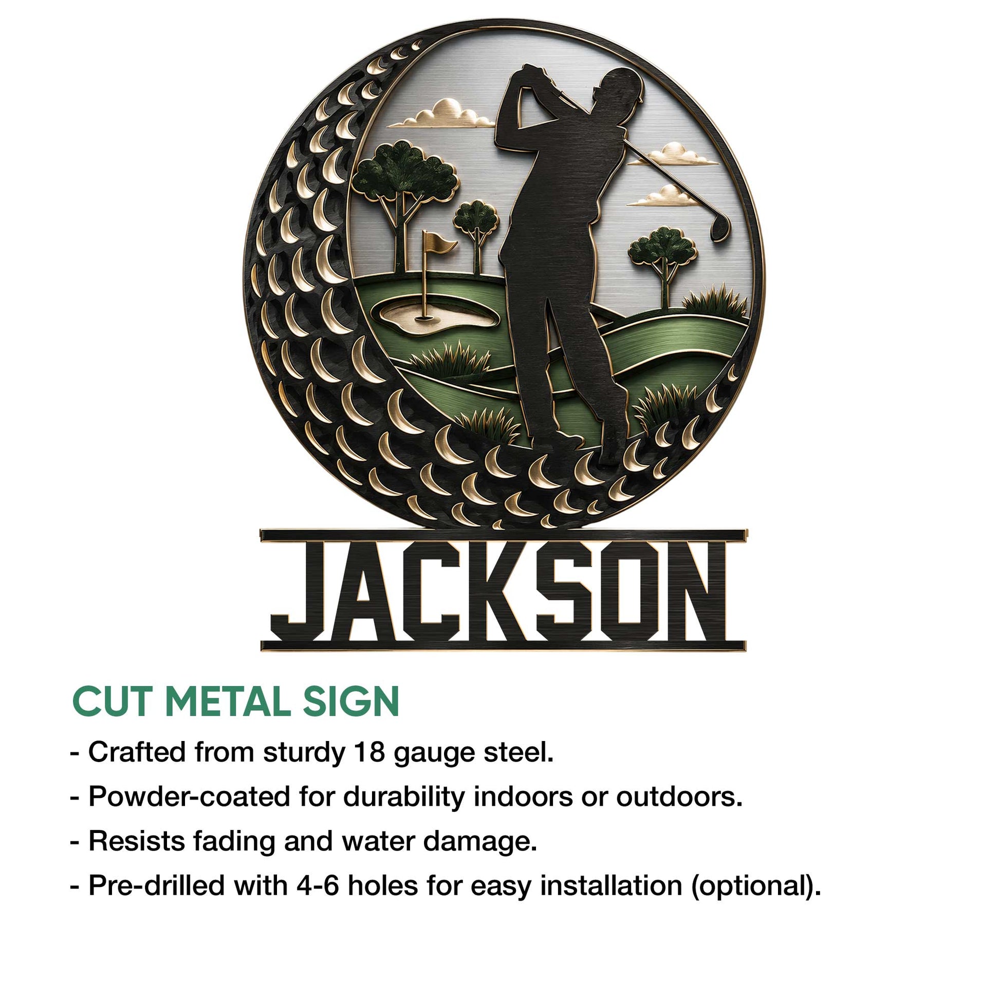 Golf metal sign feature graphic highlighting a golfer silhouette, course scene, and cut metal construction