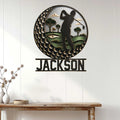 Golfer wall sign displayed on a light paneled wall above a console table in a home decor setting