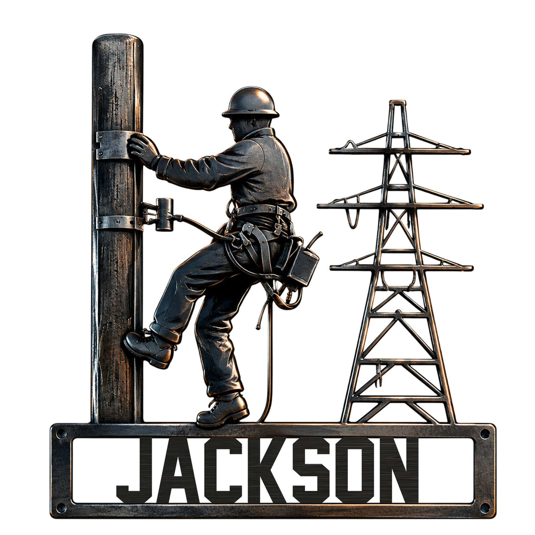 Lineman metal sign featuring a utility worker climbing a power pole beside an electrical transmission tower