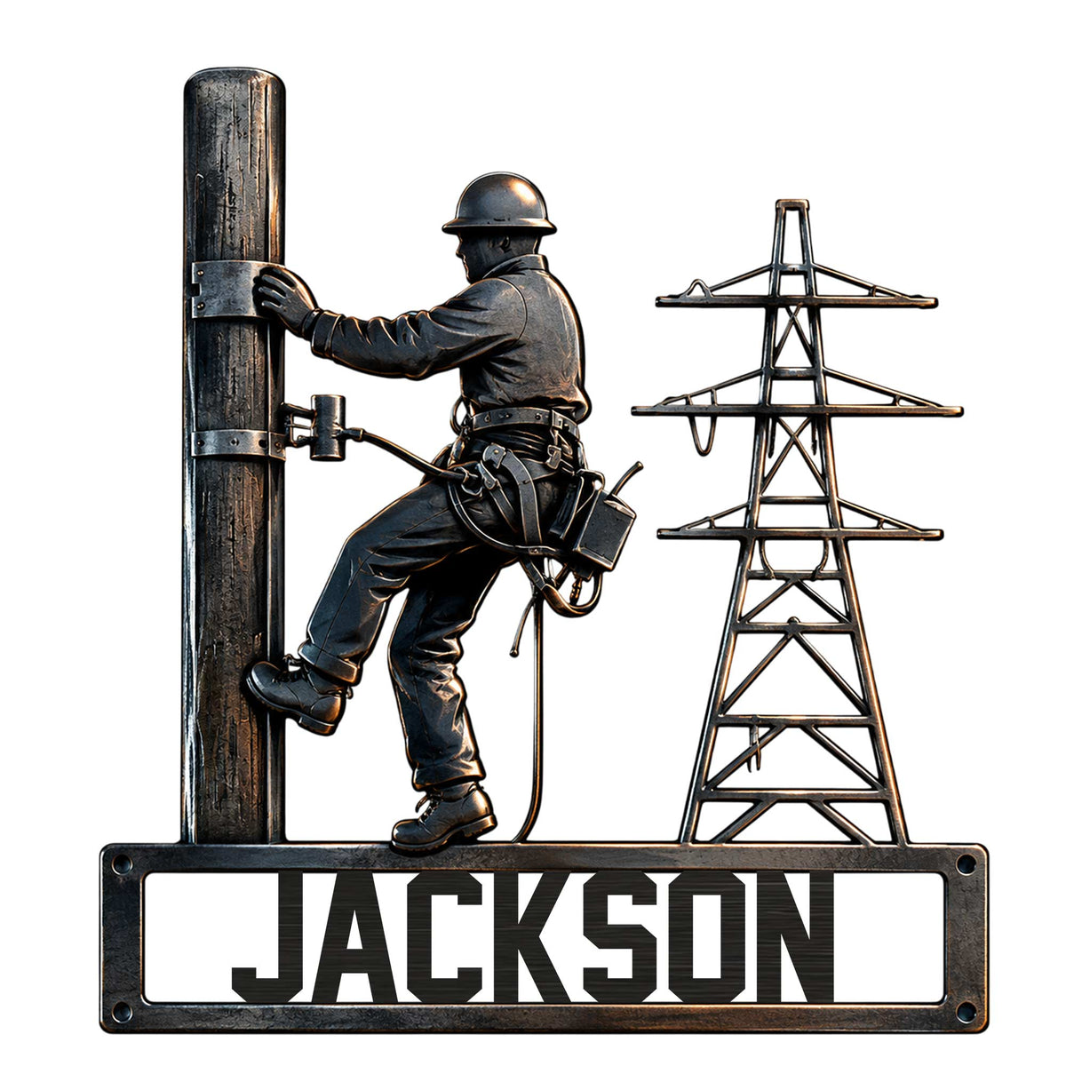 Lineman metal sign featuring a utility worker climbing a power pole beside an electrical transmission tower
