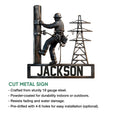 Lineman metal sign feature graphic showing a utility worker, power pole, and electrical tower design