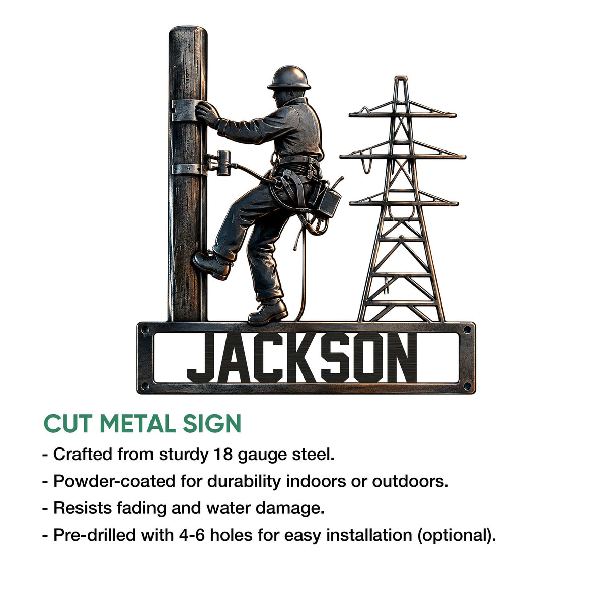 Lineman metal sign feature graphic showing a utility worker, power pole, and electrical tower design