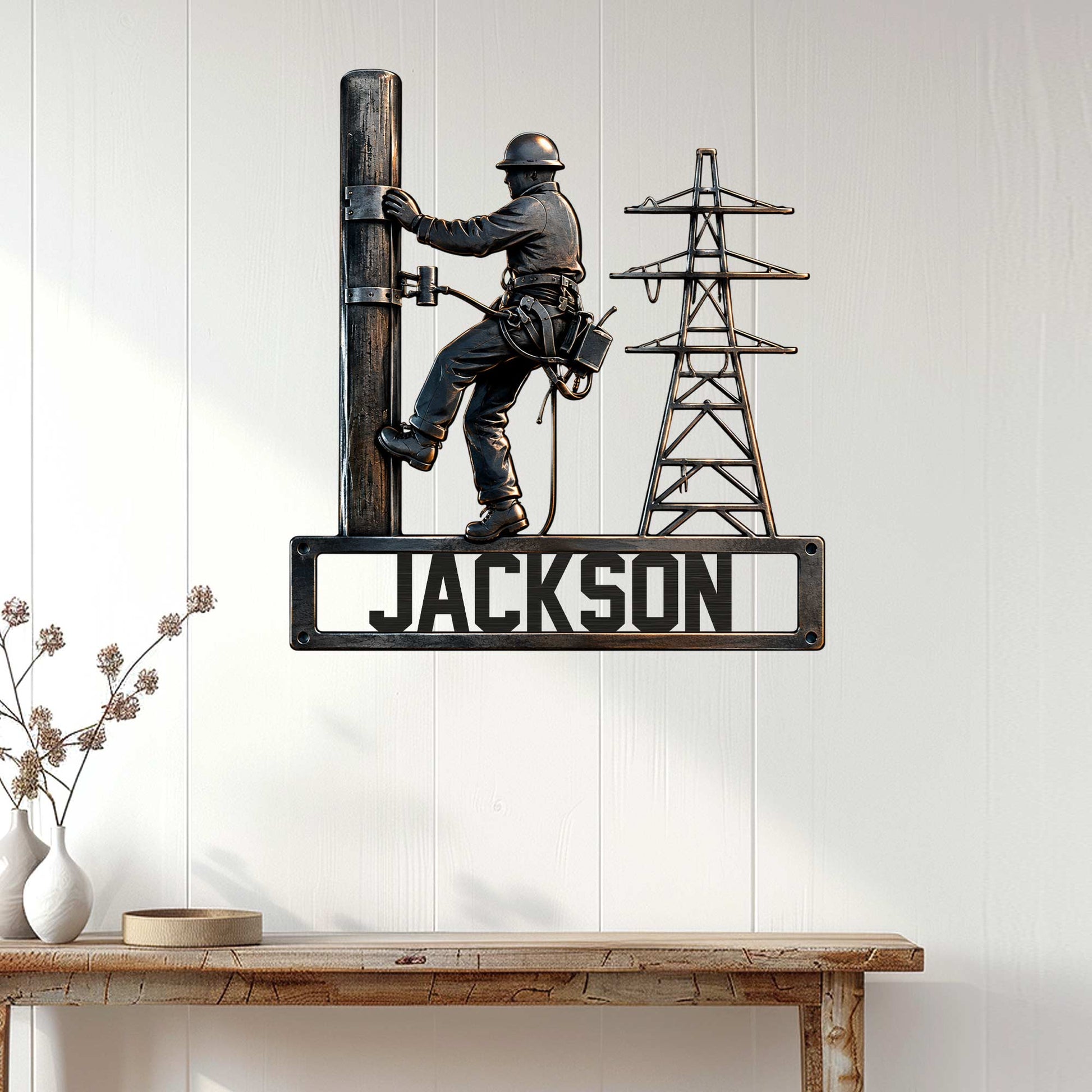 Lineman wall sign displayed on white wood paneling in a bright home interior