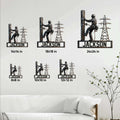 Lineman metal sign size guide showing six available square size options in a room setting