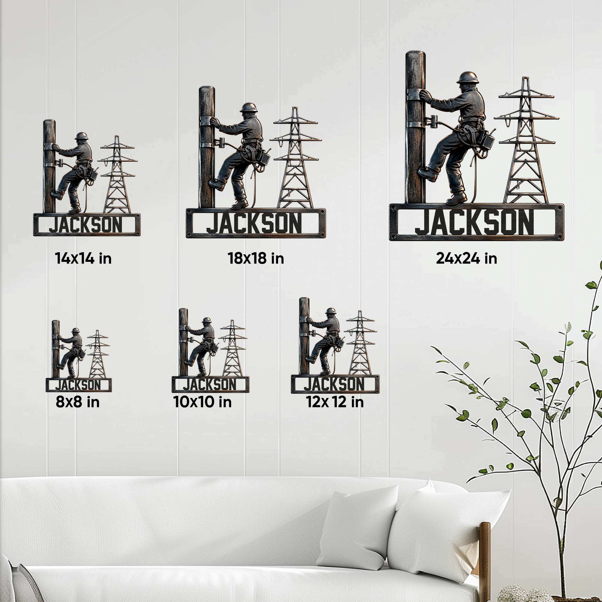 Lineman metal sign size guide showing six available square size options in a room setting