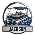 Custom pontoon boat metal sign featuring a blue canopy boat, waves, and a bold framed design