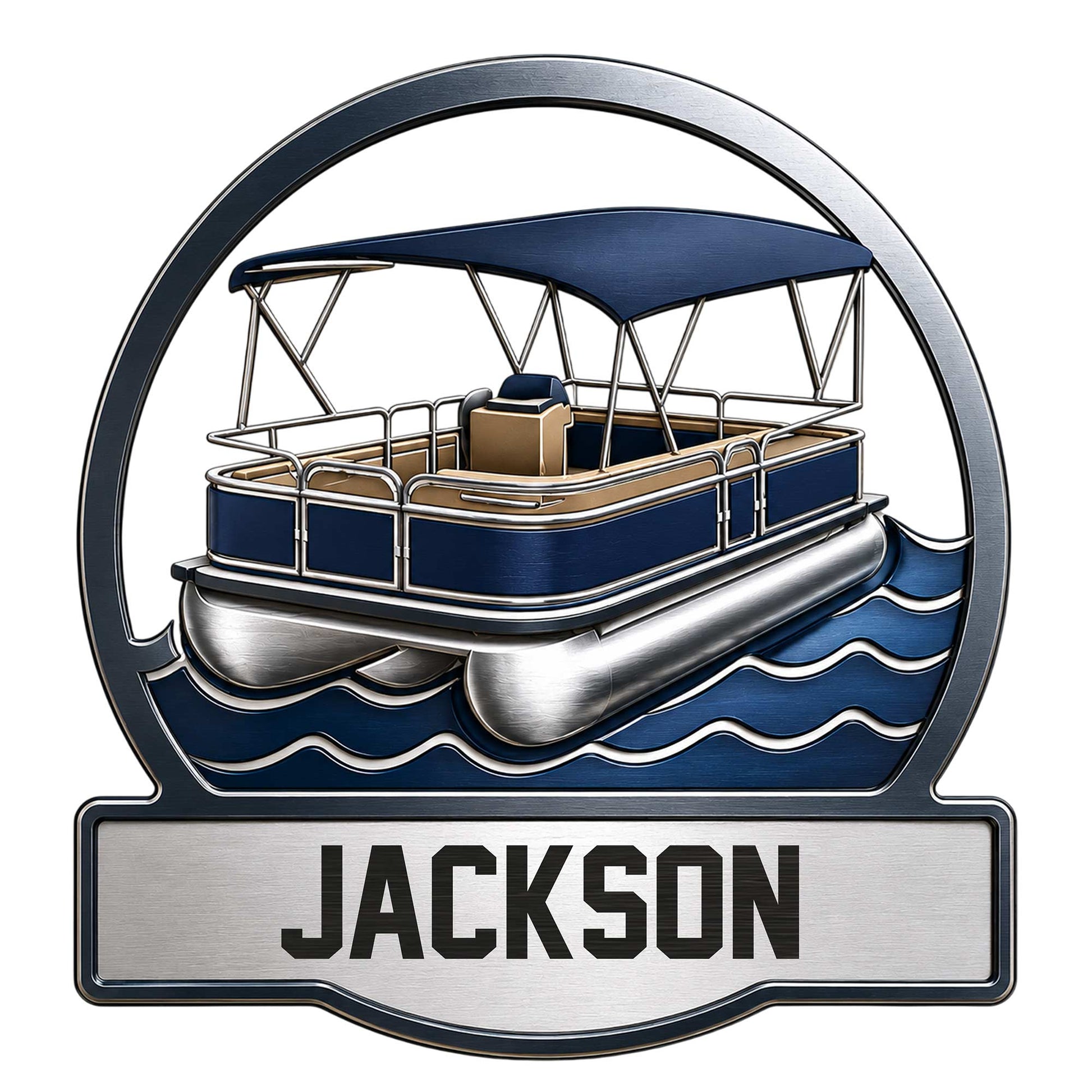Custom pontoon boat metal sign featuring a blue canopy boat, waves, and a bold framed design